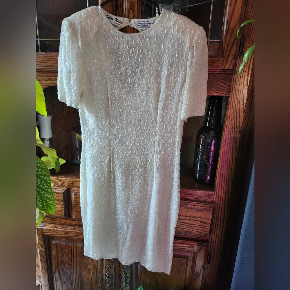 Silky Nites White Ivory Silk Fully Beaded 1980s Formal Dress - Thumbnail 2