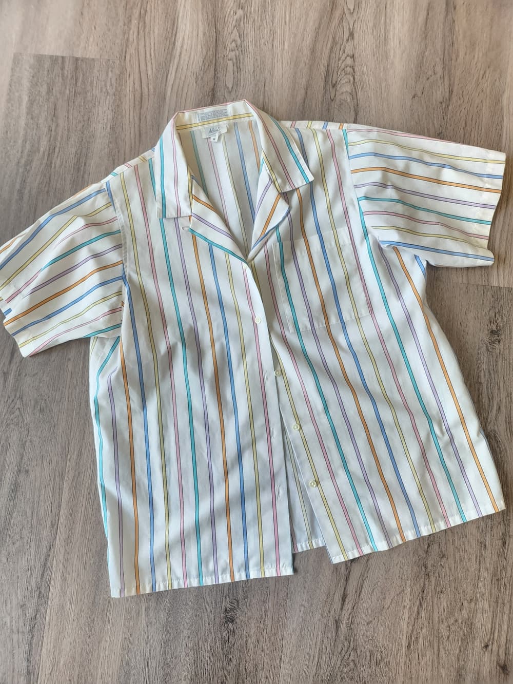 Vintage 90s Women's White Short-Sleeve Button Front Blouse Multi-Pastel Stripes - Thumbnail 13