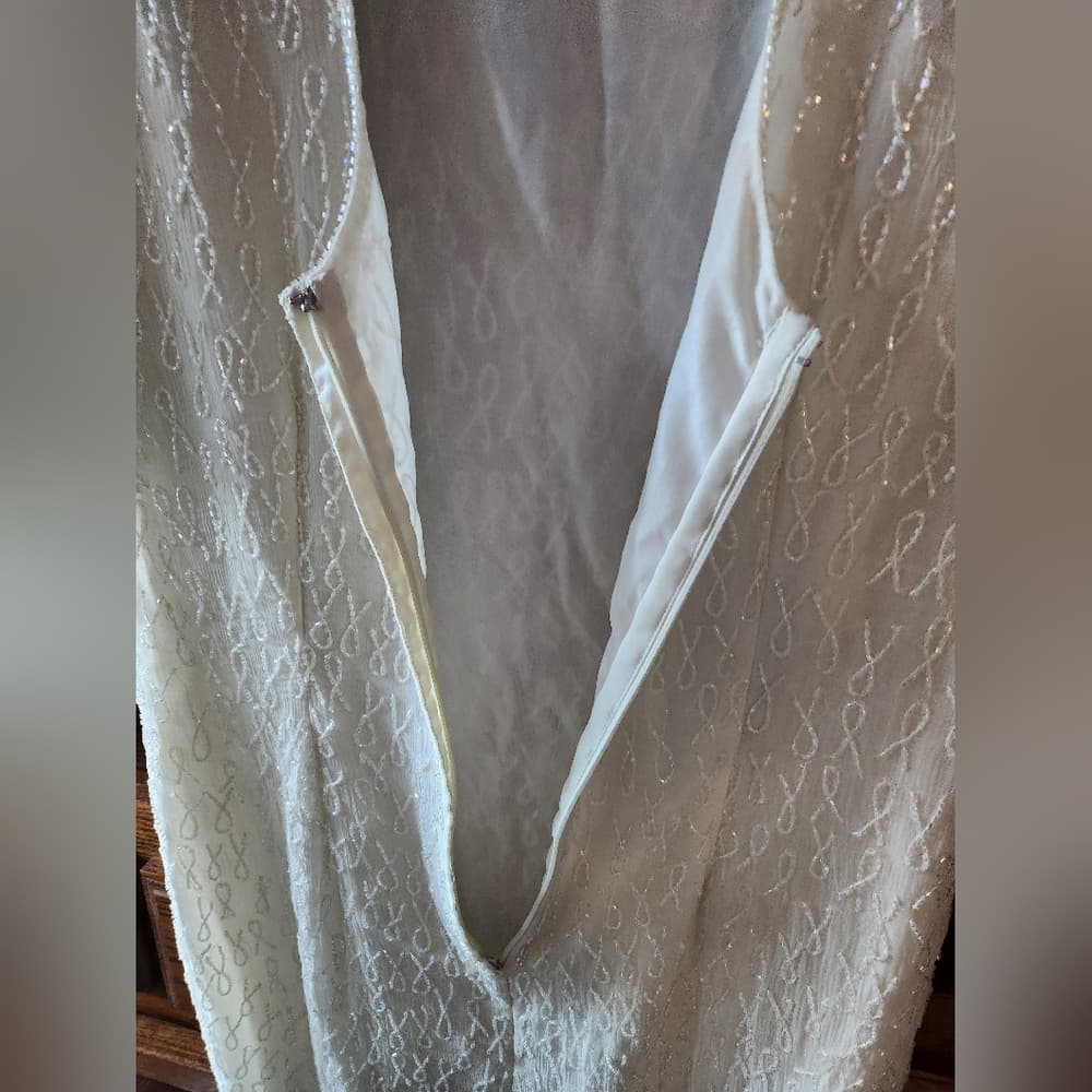Silky Nites White Ivory Silk Fully Beaded 1980s Formal Dress - Thumbnail 13