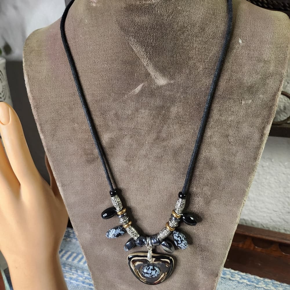 Hand Made Artisan Clay Pendant And Snowflake Obsidian Necklace