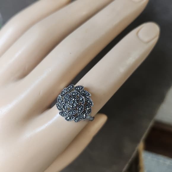 Sterling Silver Floral Marcasite Cluster Ring - 925 Size 5.5 - Thumbnail 10