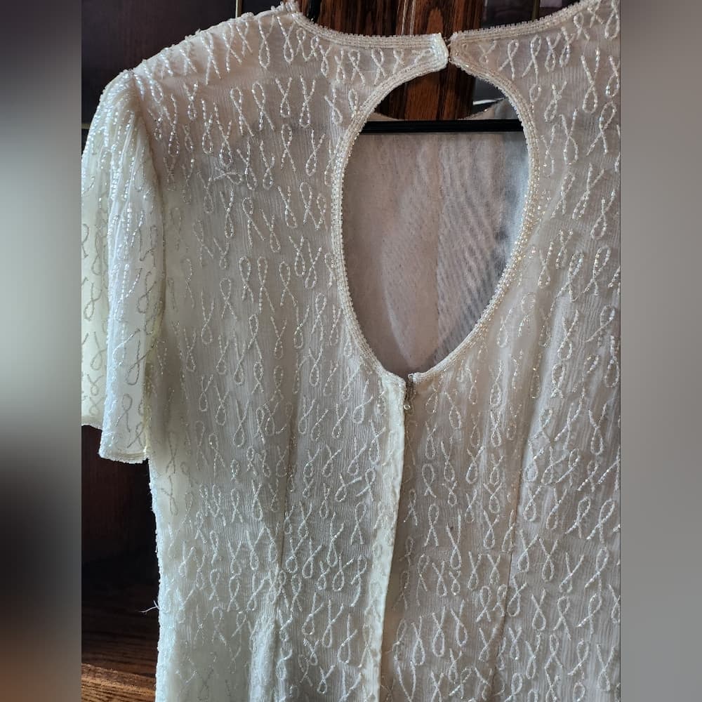 Silky Nites White Ivory Silk Fully Beaded 1980s Formal Dress - Thumbnail 11