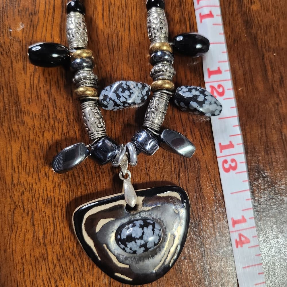 Hand Made Artisan Clay Pendant And Snowflake Obsidian Necklace - Thumbnail 7