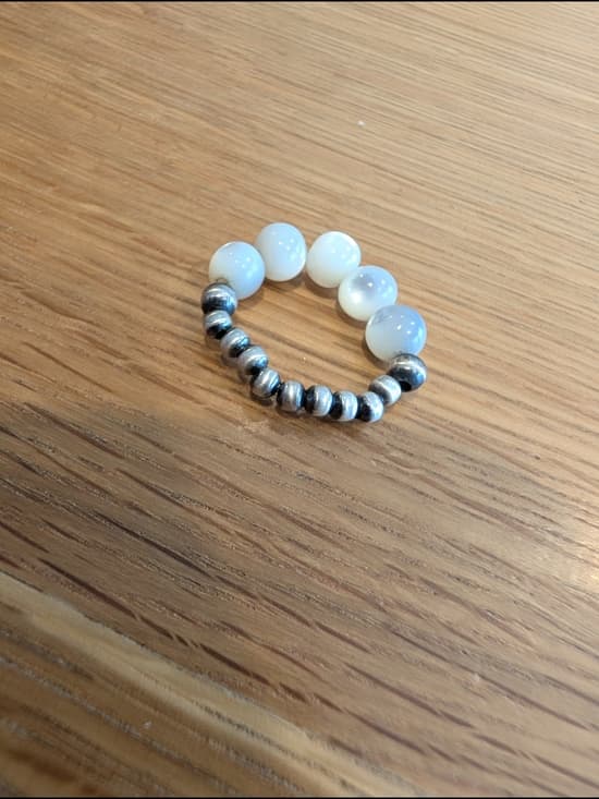 White Mother Of Pearl Stretch Ring with Desert Pearl Sterling Silver Beads - Thumbnail 8