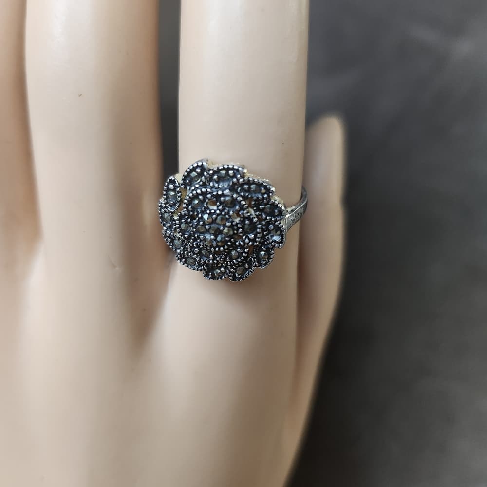 Sterling Silver Floral Marcasite Cluster Ring - 925 Size 5.5 - Thumbnail 3