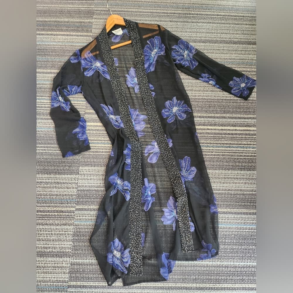 Vintage Midnight Velvet Elegant Black and Blue Silk Beaded Floral Sheer Robe - Thumbnail 8