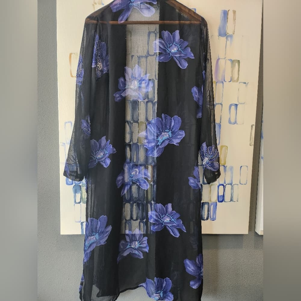 Vintage Midnight Velvet Elegant Black and Blue Silk Beaded Floral Sheer Robe - Thumbnail 6