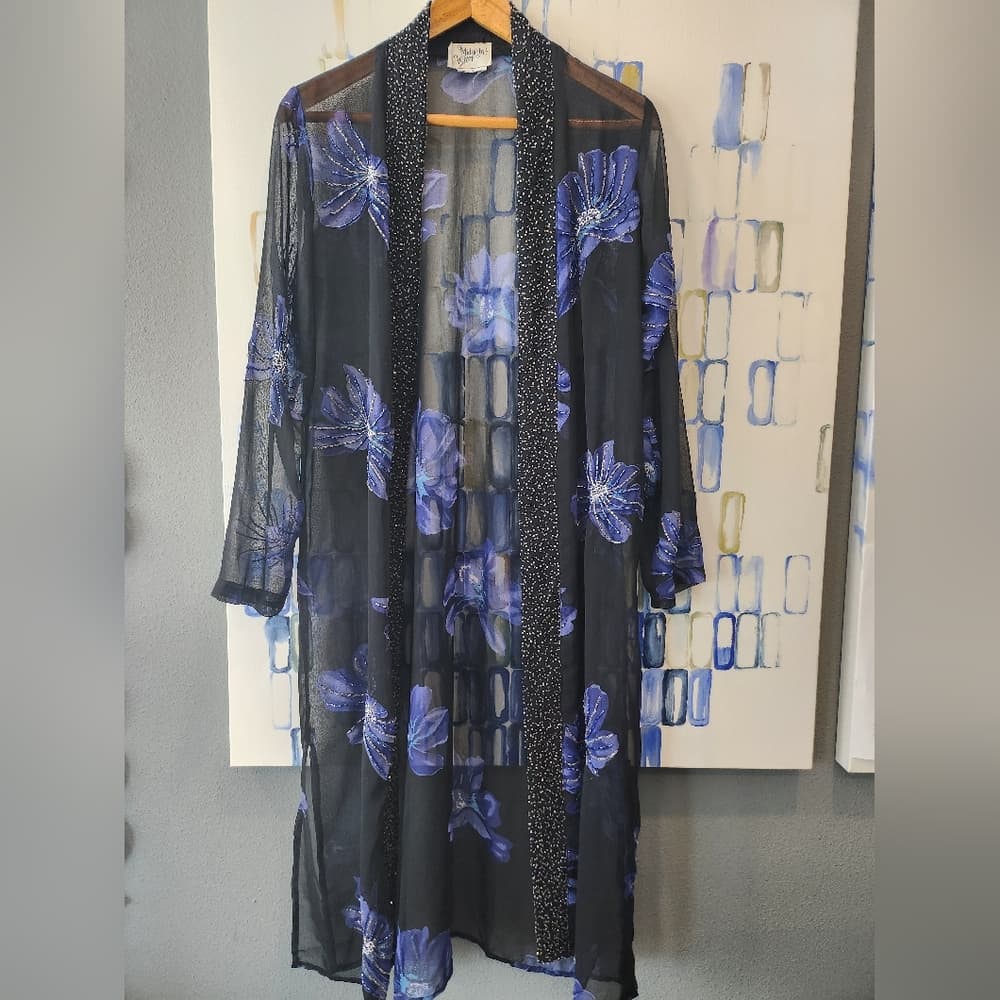 Vintage Midnight Velvet Elegant Black and Blue Silk Beaded Floral Sheer Robe - Thumbnail 11