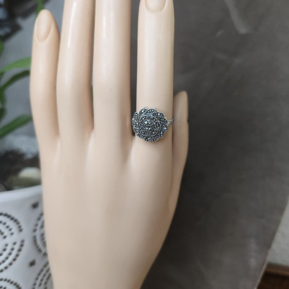 Sterling Silver Floral Marcasite Cluster Ring - 925 Size 5.5 - Thumbnail 2