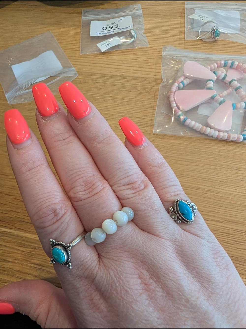 White Mother Of Pearl Stretch Ring with Desert Pearl Sterling Silver Beads - Thumbnail 3