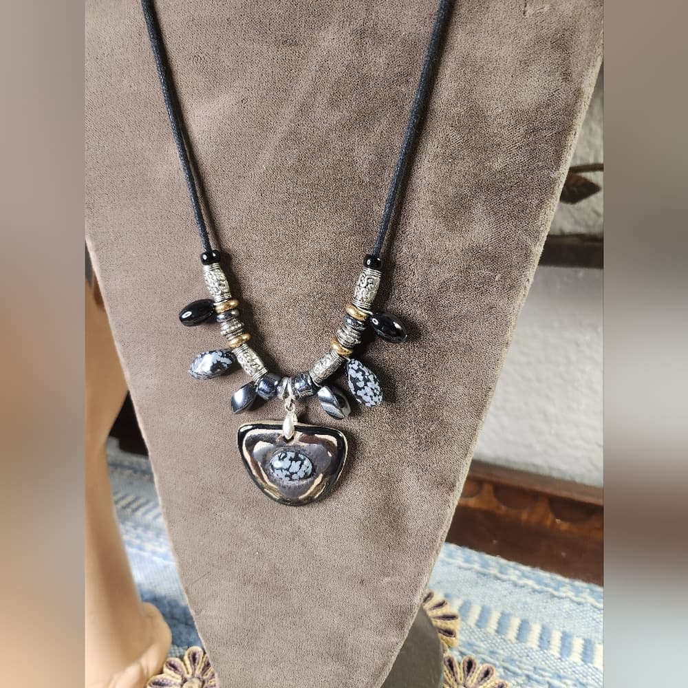 Hand Made Artisan Clay Pendant And Snowflake Obsidian Necklace - Thumbnail 9
