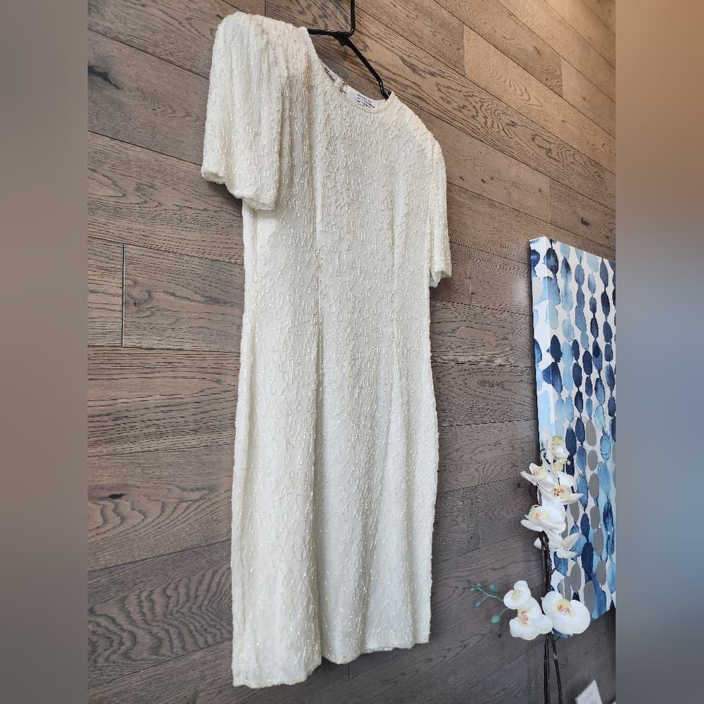 Silky Nites White Ivory Silk Fully Beaded 1980s Formal Dress