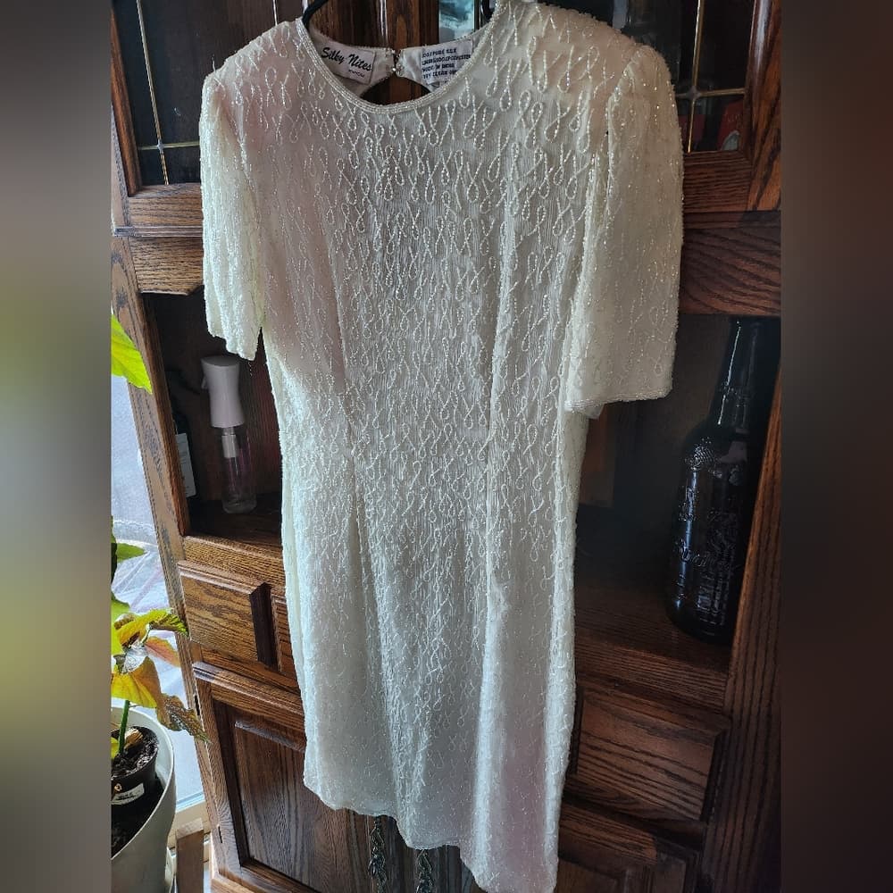 Silky Nites White Ivory Silk Fully Beaded 1980s Formal Dress - Thumbnail 3