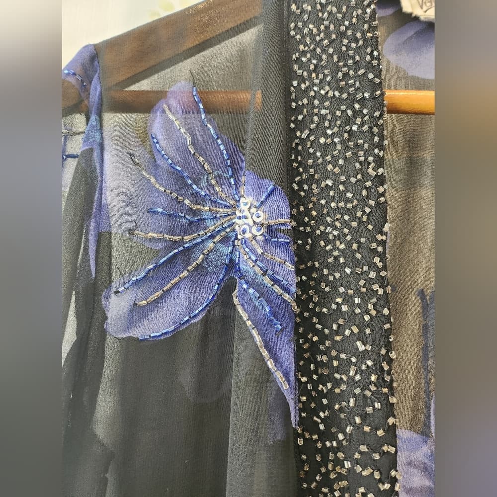 Vintage Midnight Velvet Elegant Black and Blue Silk Beaded Floral Sheer Robe - Thumbnail 3