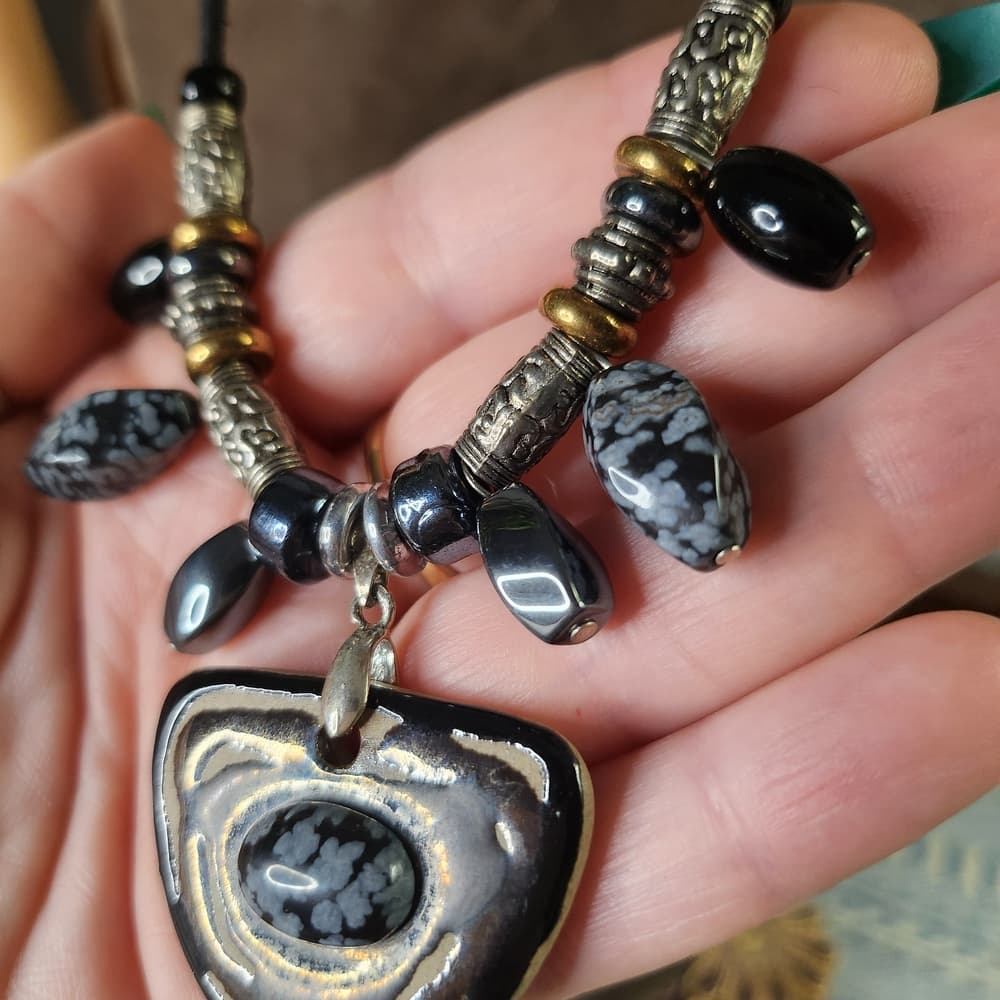 Hand Made Artisan Clay Pendant And Snowflake Obsidian Necklace - Thumbnail 3