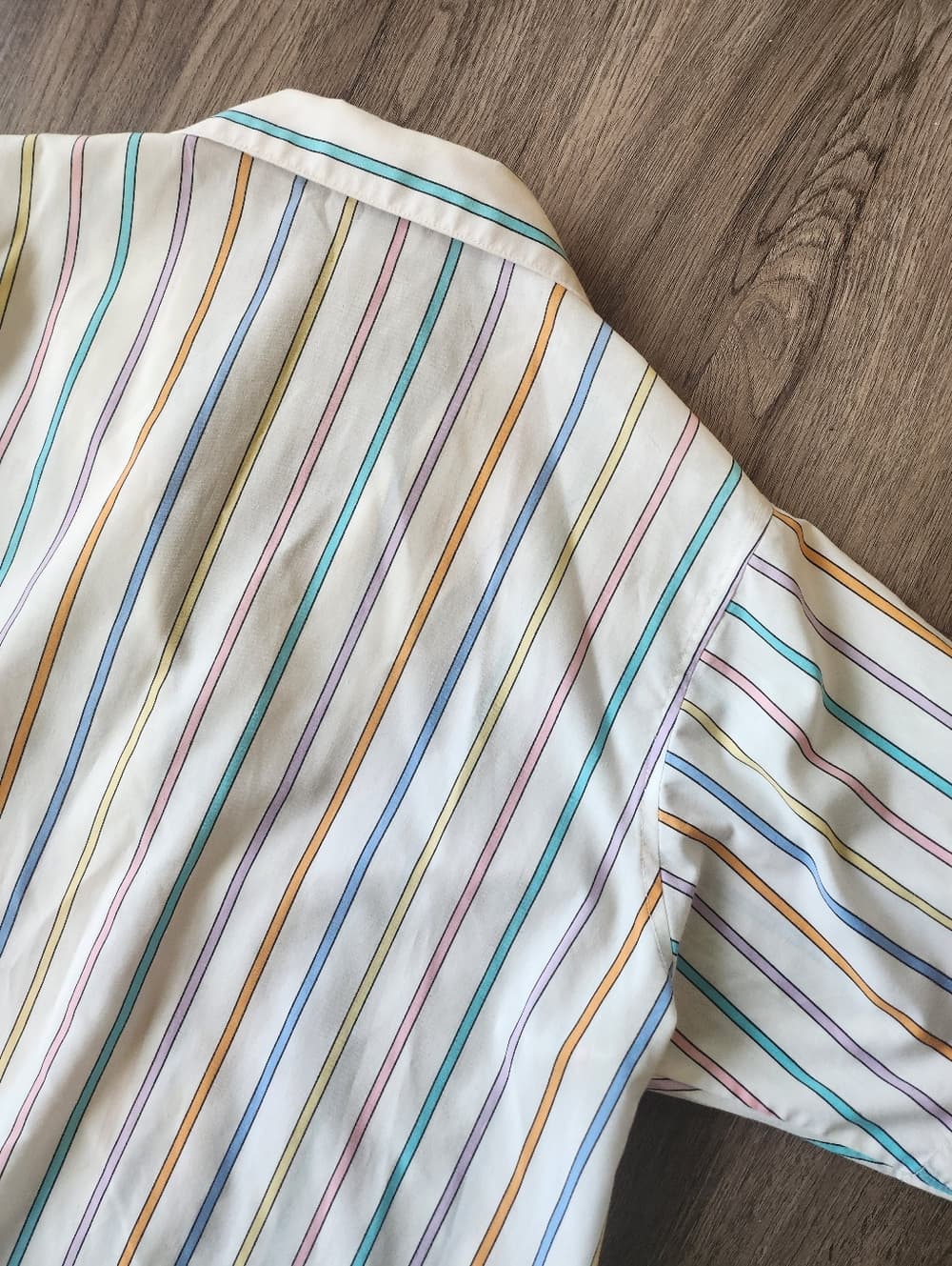 Vintage 90s Women's White Short-Sleeve Button Front Blouse Multi-Pastel Stripes - Thumbnail 7