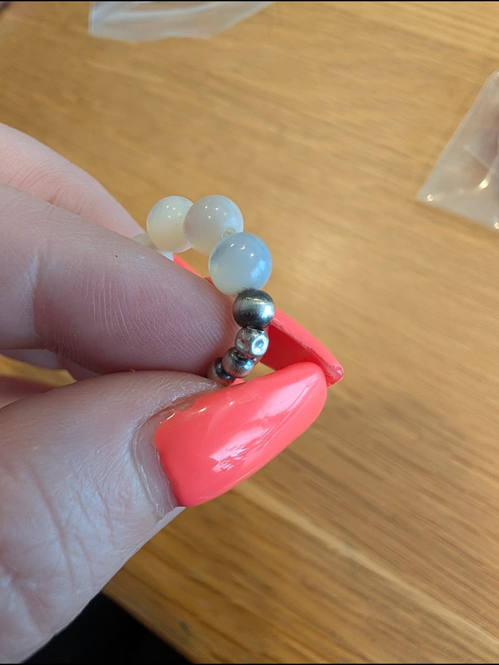 White Mother Of Pearl Stretch Ring with Desert Pearl Sterling Silver Beads - Thumbnail 5
