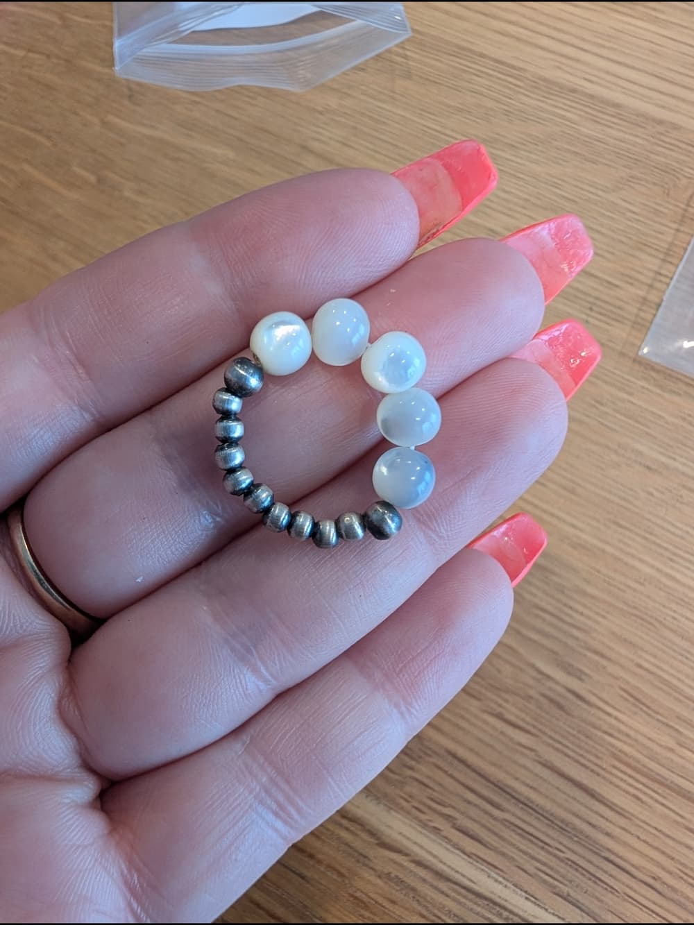White Mother Of Pearl Stretch Ring with Desert Pearl Sterling Silver Beads - Thumbnail 2