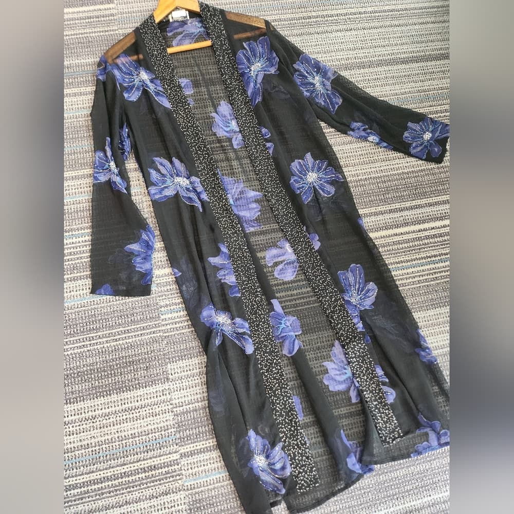 Vintage Midnight Velvet Elegant Black and Blue Silk Beaded Floral Sheer Robe - Thumbnail 9