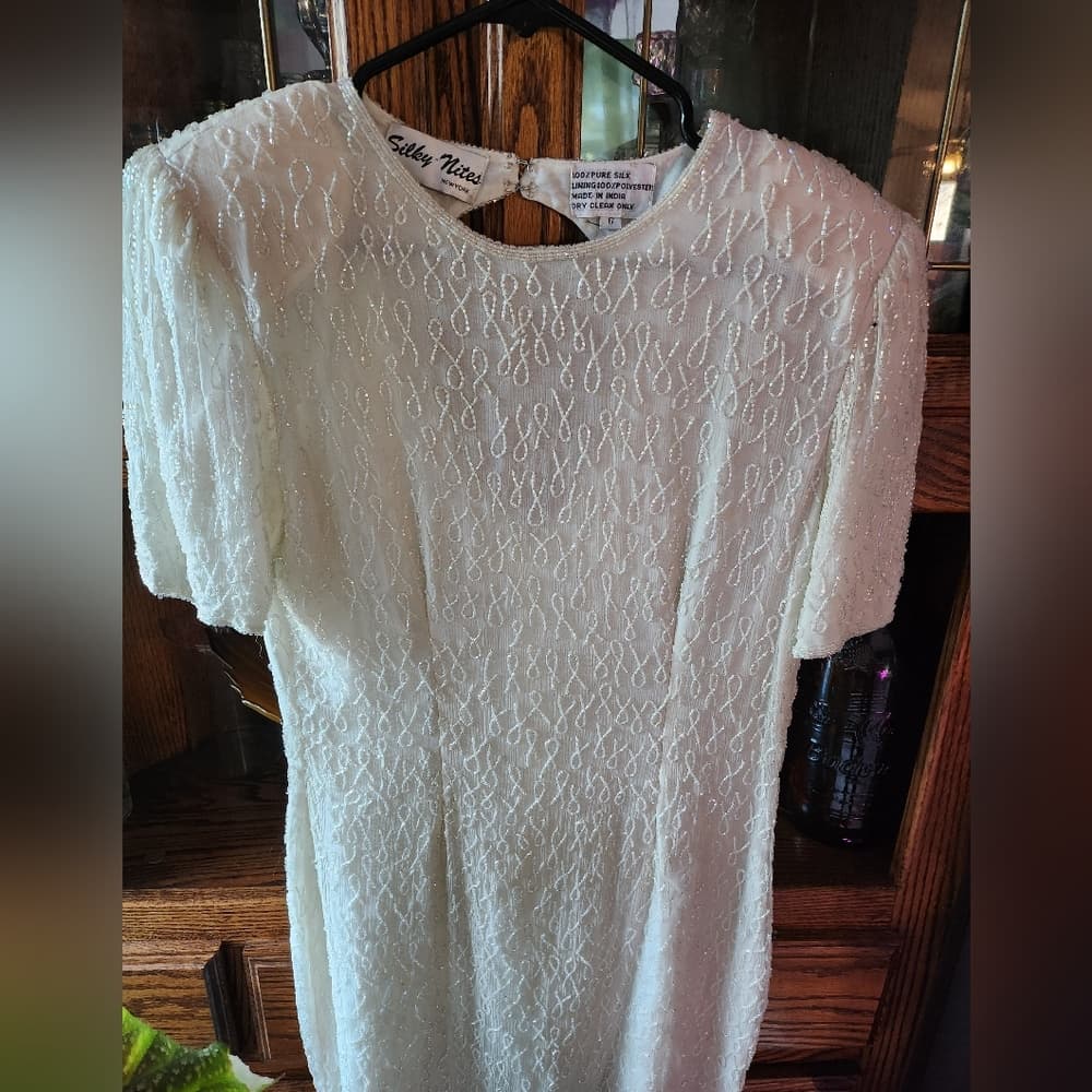 Silky Nites White Ivory Silk Fully Beaded 1980s Formal Dress - Thumbnail 4