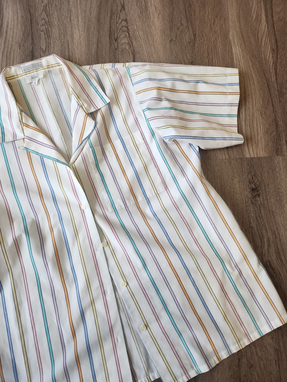Vintage 90s Women's White Short-Sleeve Button Front Blouse Multi-Pastel Stripes - Thumbnail 4