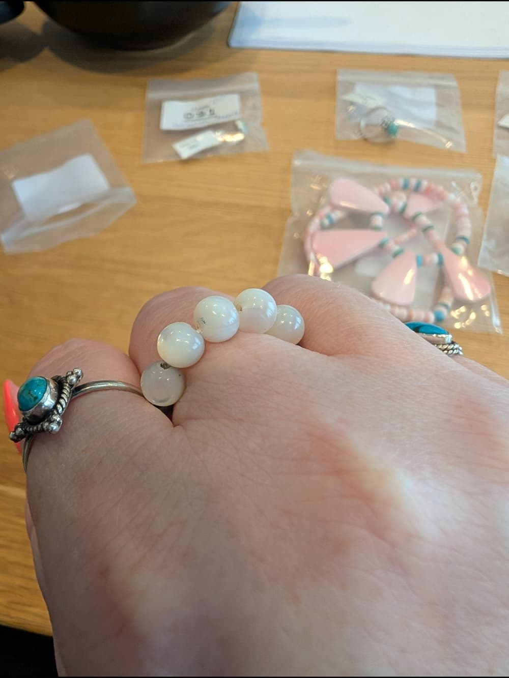 White Mother Of Pearl Stretch Ring with Desert Pearl Sterling Silver Beads - Thumbnail 4