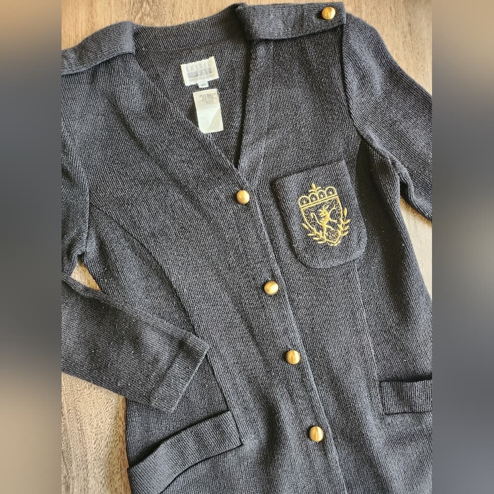 Vintage 1980s Leslie Fay Black Dress Gold Accent Union Label - Thumbnail 2