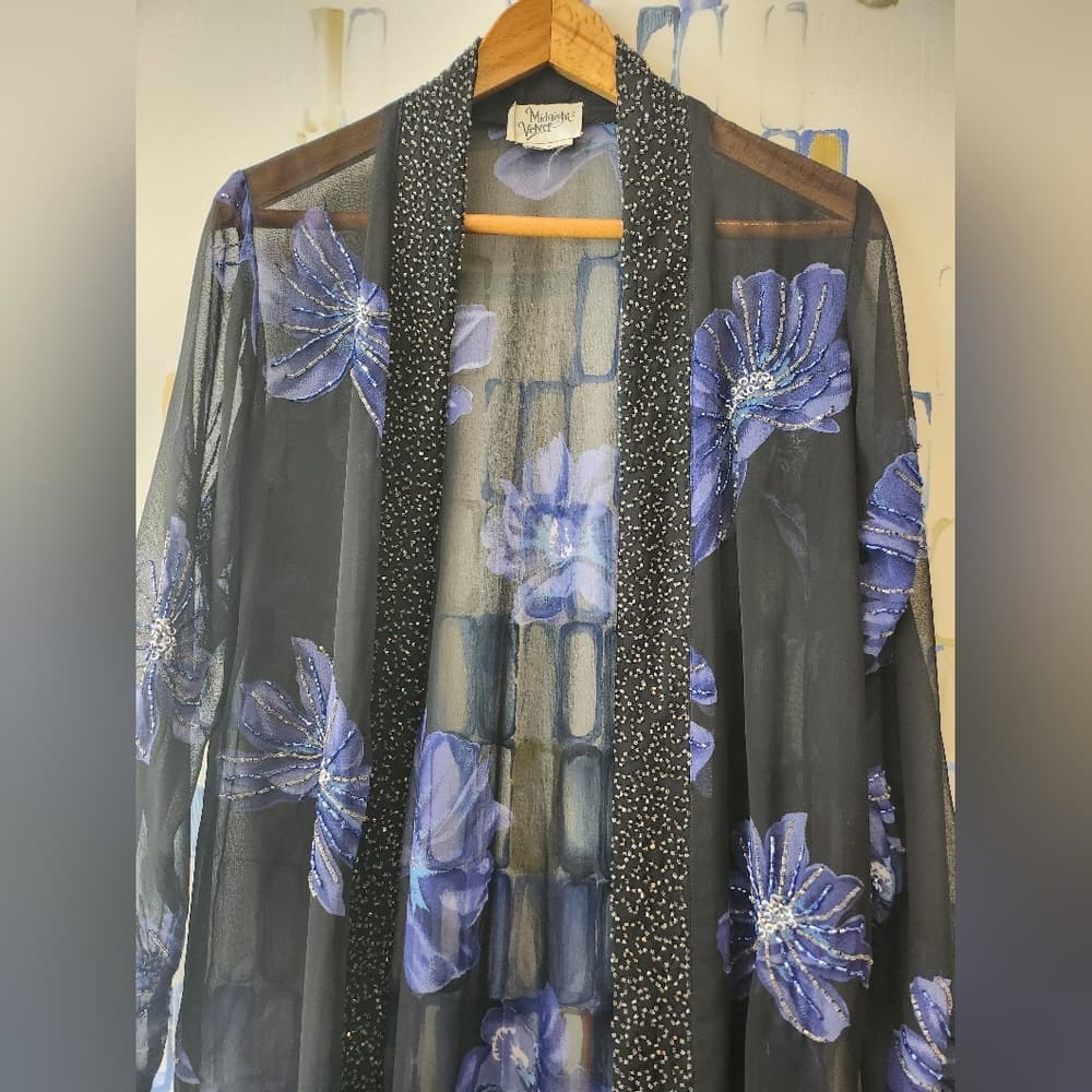 Vintage Midnight Velvet Elegant Black and Blue Silk Beaded Floral Sheer Robe - Thumbnail 2