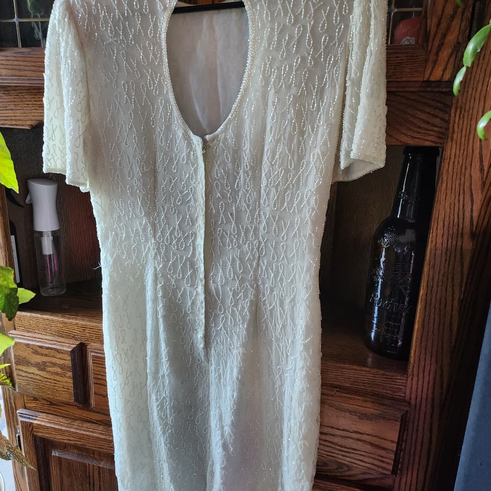 Silky Nites White Ivory Silk Fully Beaded 1980s Formal Dress - Thumbnail 9