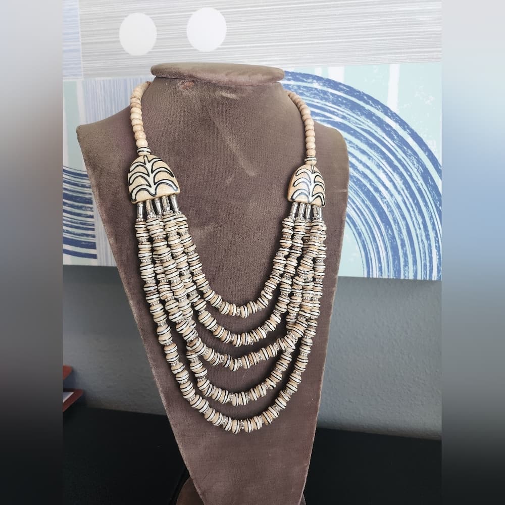 Multi-Strand Beaded Necklace With Hand Painted Bone