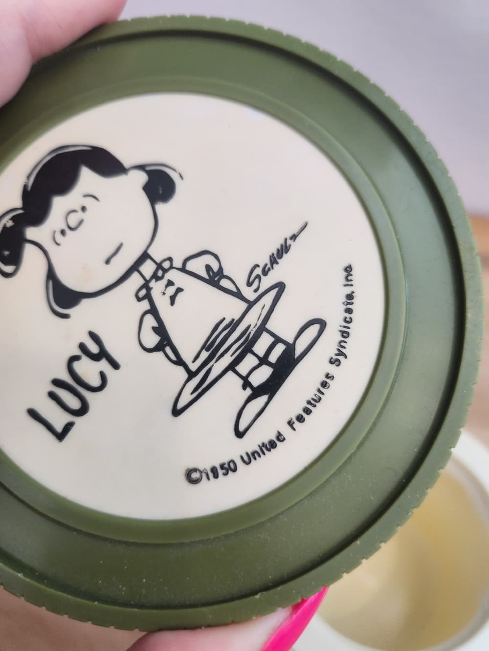 Vintage Lucy Peanuts Olive Green Round Container 1950 Hot Cold Thermous - Thumbnail 5