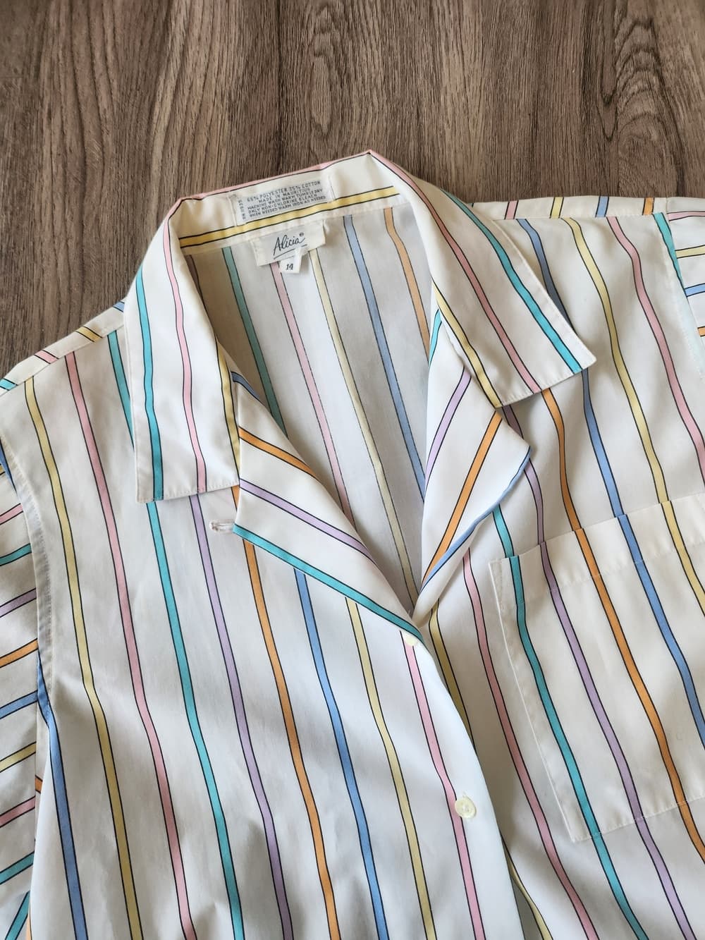 Vintage 90s Women's White Short-Sleeve Button Front Blouse Multi-Pastel Stripes - Thumbnail 3