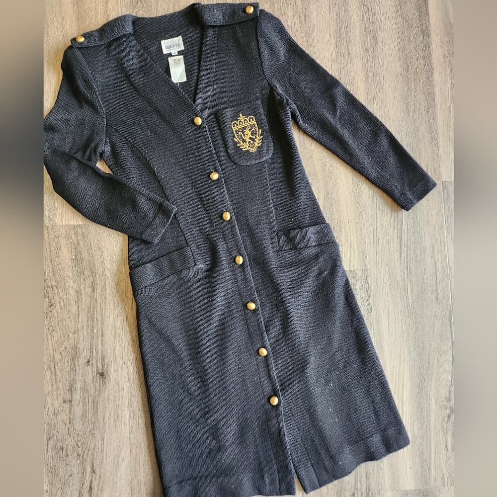 Vintage 1980s Leslie Fay Black Dress Gold Accent Union Label