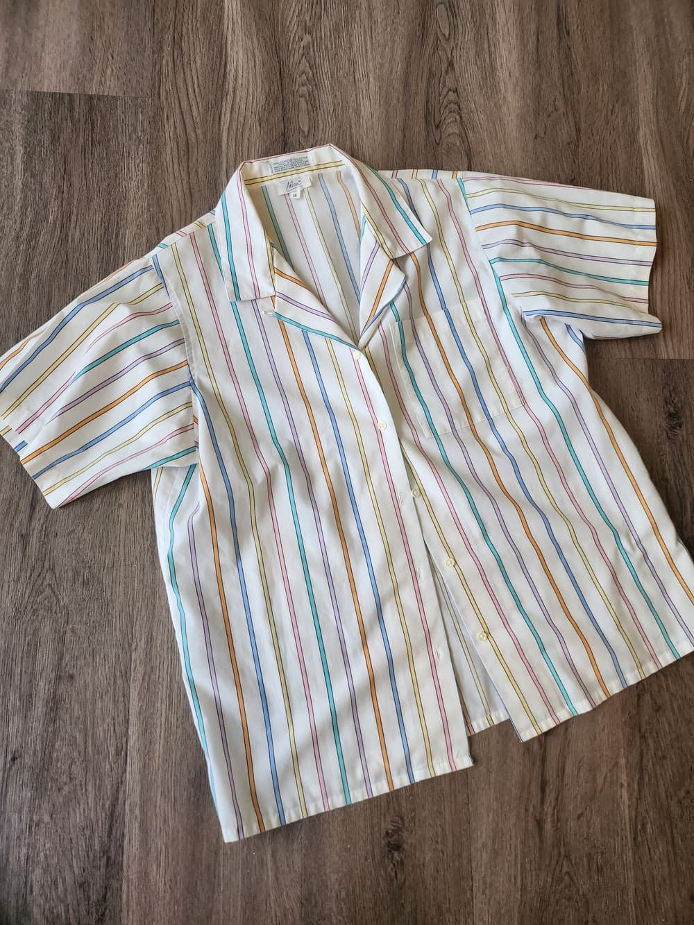 Vintage 90s Women's White Short-Sleeve Button Front Blouse Multi-Pastel Stripes