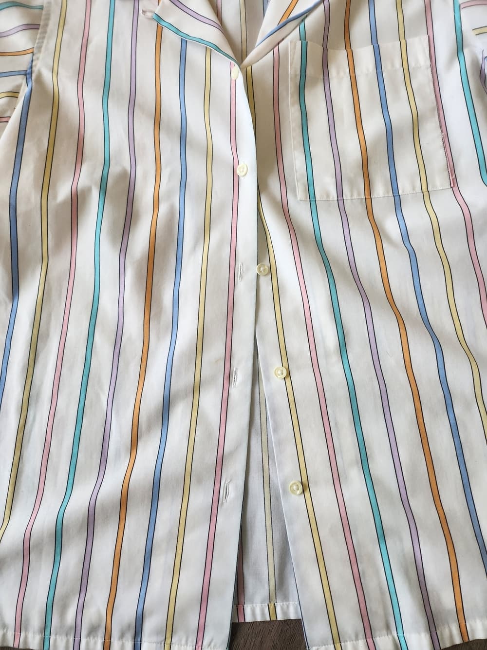 Vintage 90s Women's White Short-Sleeve Button Front Blouse Multi-Pastel Stripes - Thumbnail 2