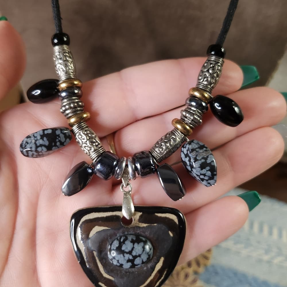 Hand Made Artisan Clay Pendant And Snowflake Obsidian Necklace - Thumbnail 2