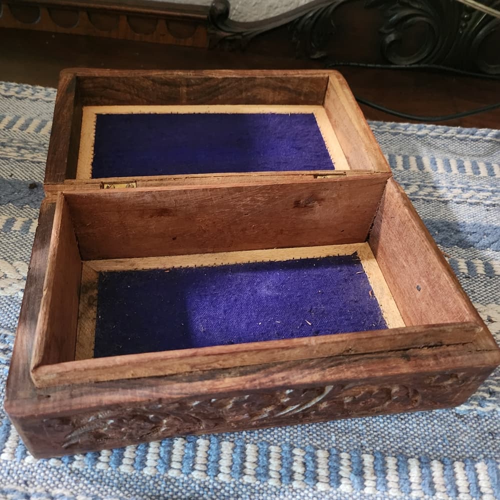 Mid Century Intricately Carved Wooden Jewelry Box With Shell Inlay