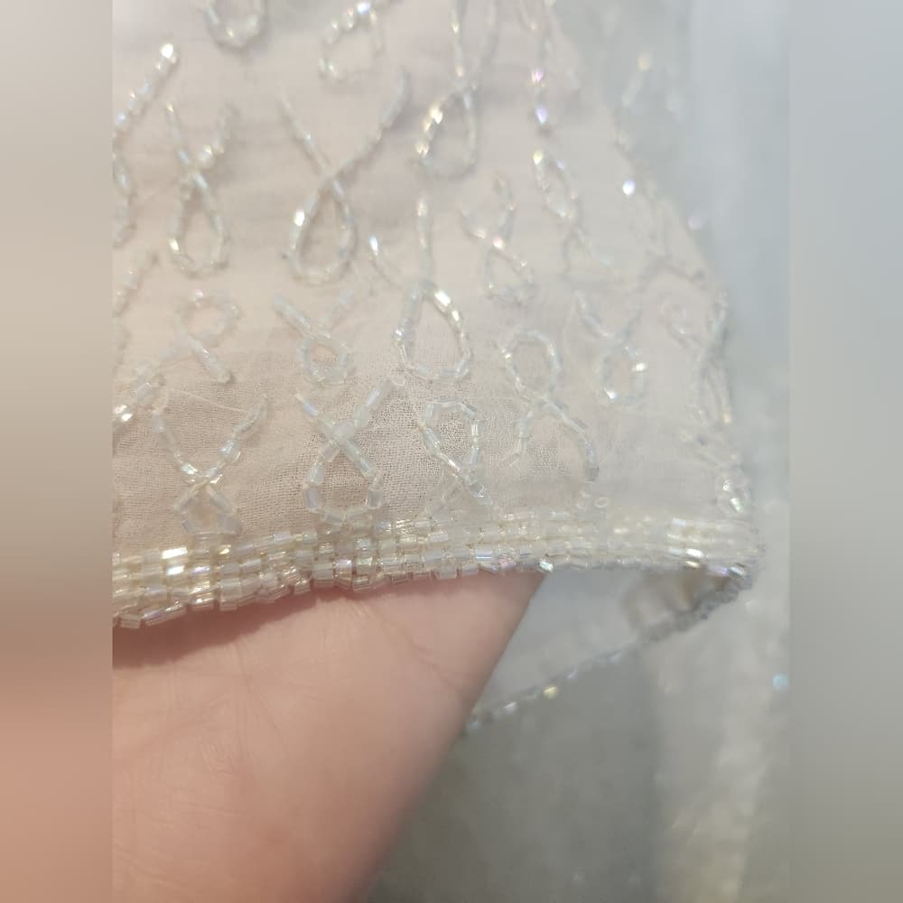 Silky Nites White Ivory Silk Fully Beaded 1980s Formal Dress - Thumbnail 14