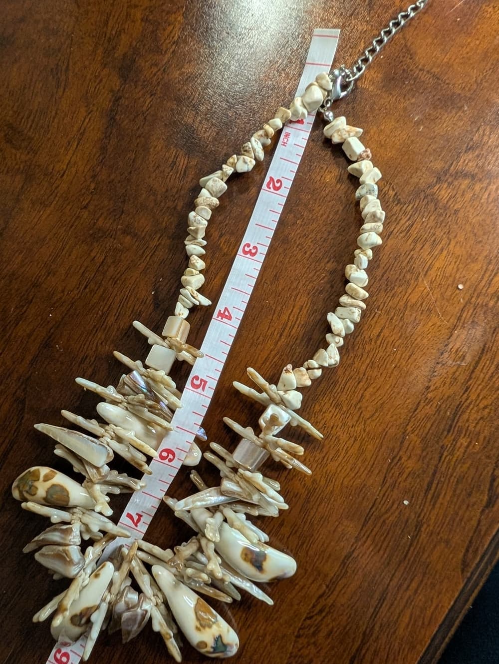 Cream White And Brown Shell And Coral Statement Bib 16" Necklace With Extension - Thumbnail 7