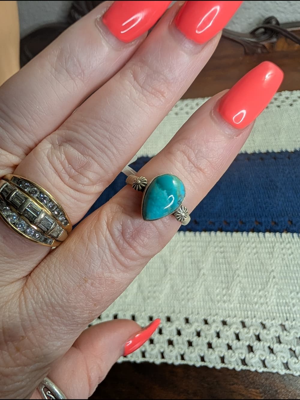 Southwestern Style Sterling Silver Teardrop Mojave Turquoise Ring - Size 7 - Thumbnail 5