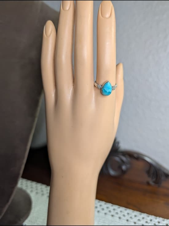 Southwestern Style Sterling Silver Teardrop Mojave Turquoise Ring - Size 7 - Thumbnail 14