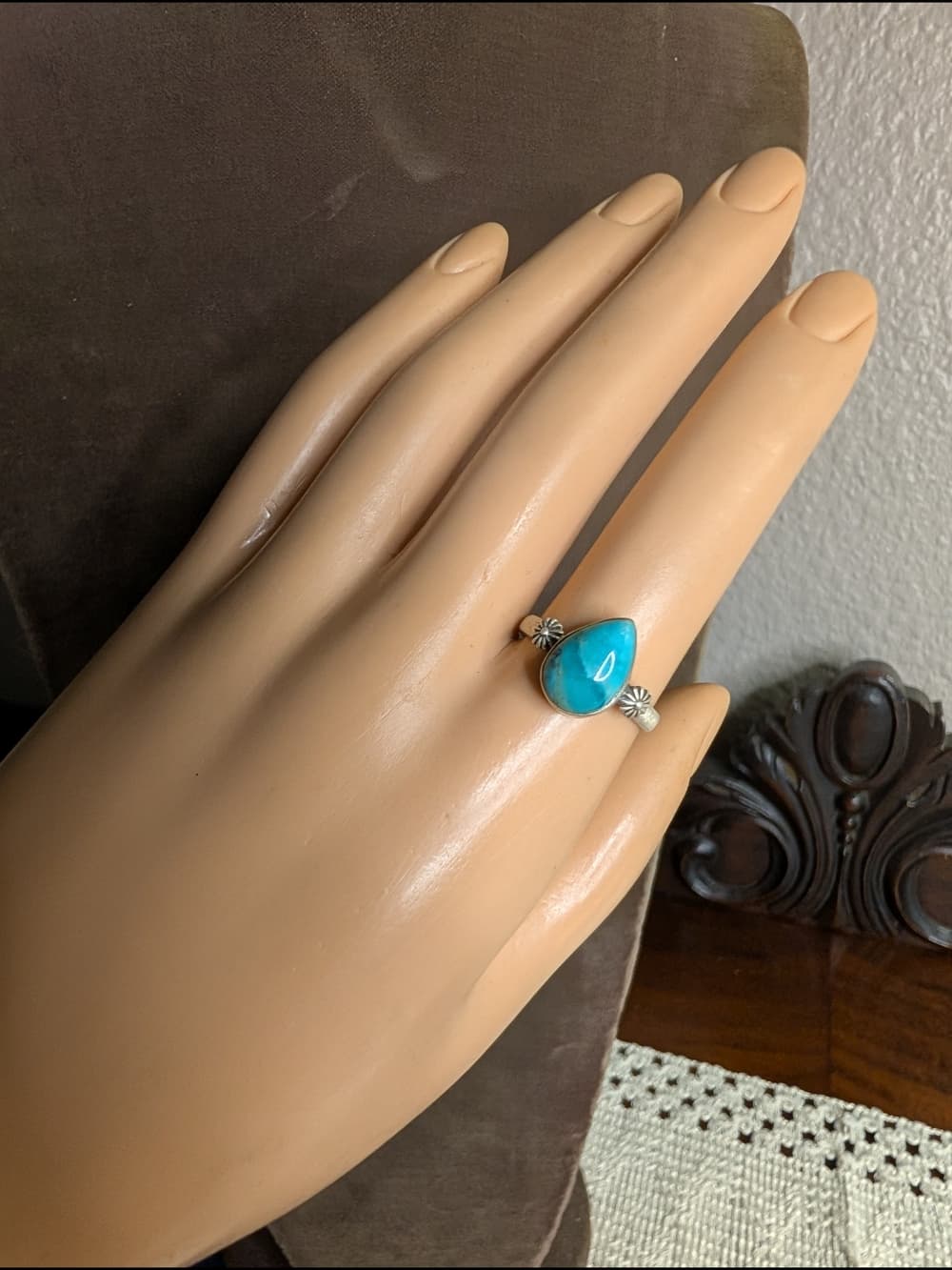 Southwestern Style Sterling Silver Teardrop Mojave Turquoise Ring - Size 7