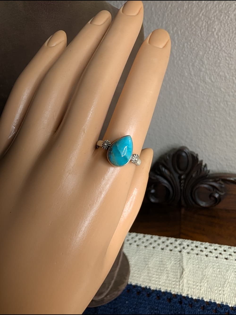 Southwestern Style Sterling Silver Teardrop Mojave Turquoise Ring - Size 7 - Thumbnail 2