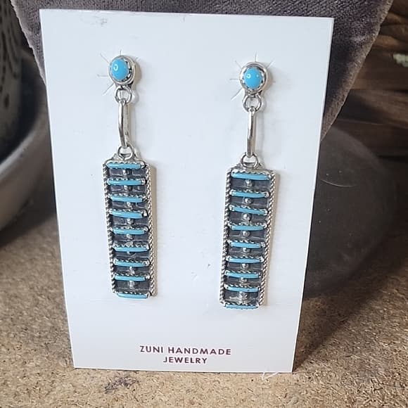 Zuni Handmade Sterling Silver Kingman Turquoise Rectangle Drop Earrings - Thumbnail 10