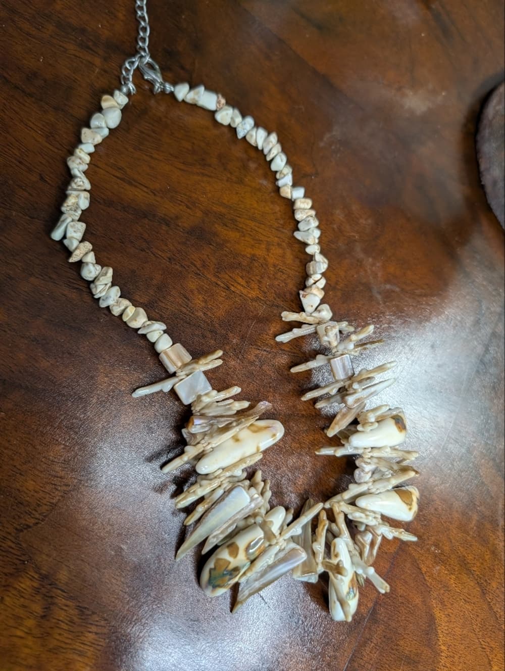 Cream White And Brown Shell And Coral Statement Bib 16" Necklace With Extension - Thumbnail 5