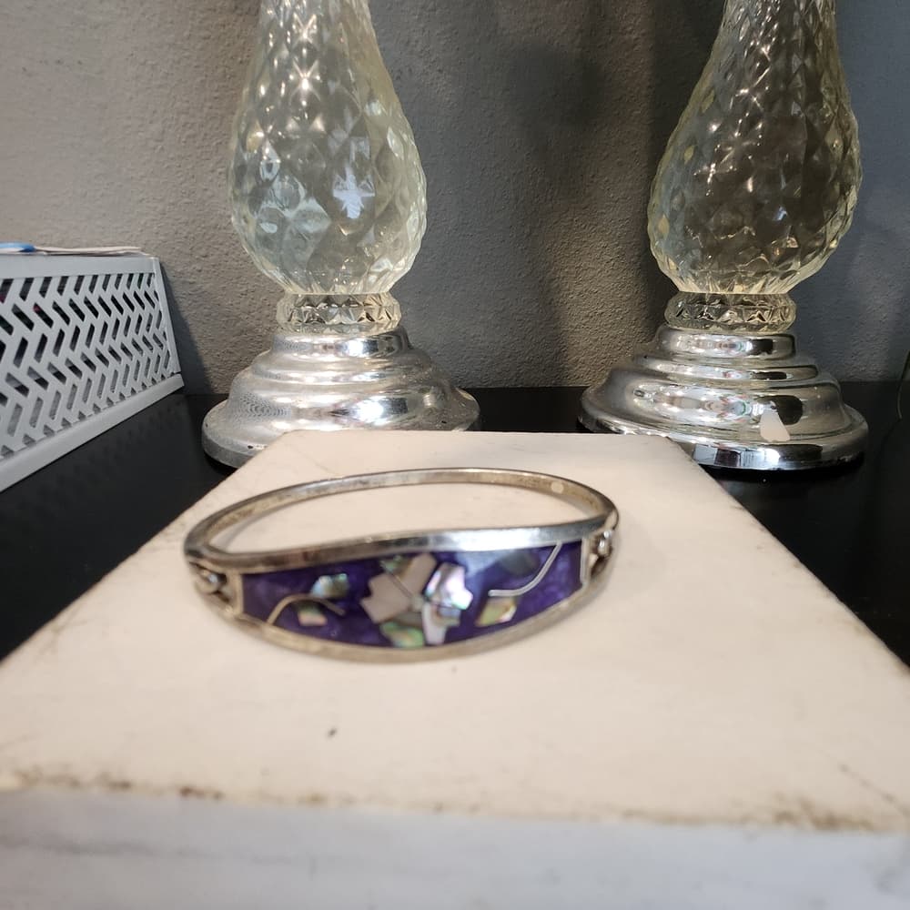 Vintage Alpaca Mexico Sterling Silver Purple With Shell Inlay Flower Bracelet - Thumbnail 6