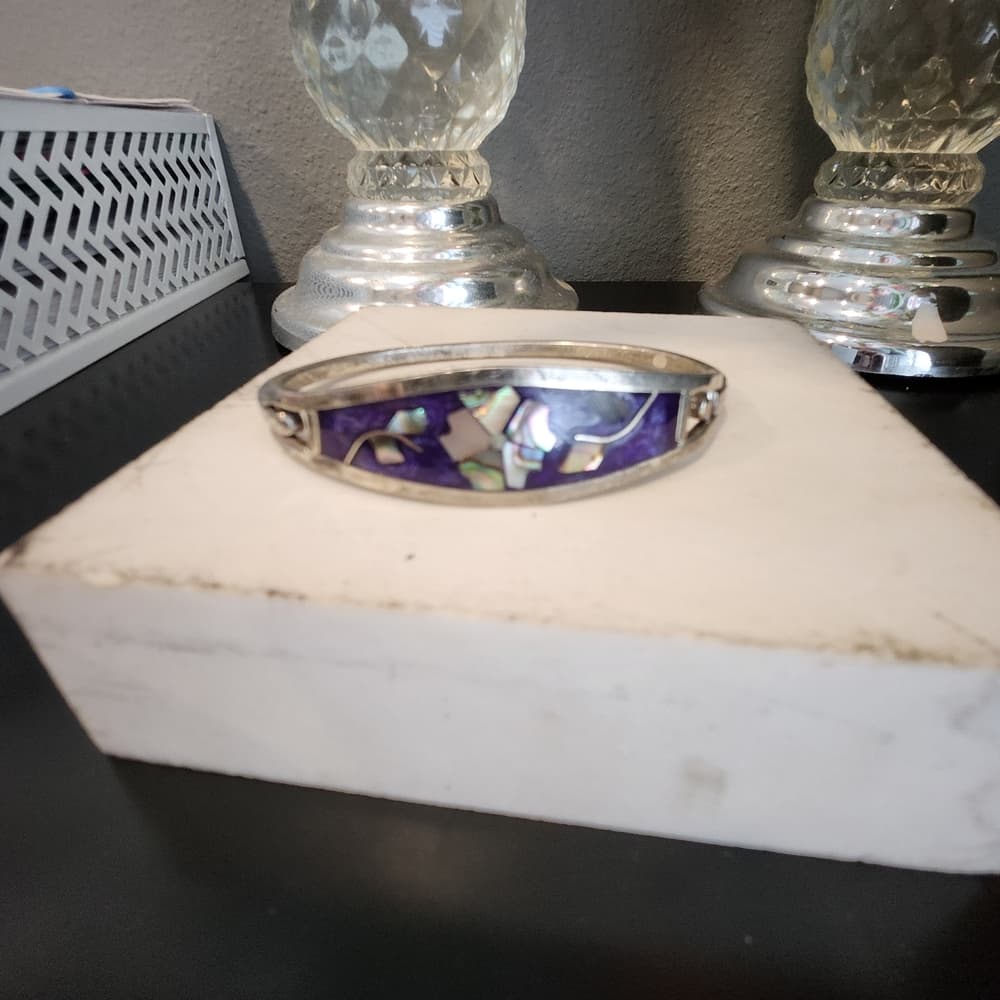 Vintage Alpaca Mexico Sterling Silver Purple With Shell Inlay Flower Bracelet - Thumbnail 5