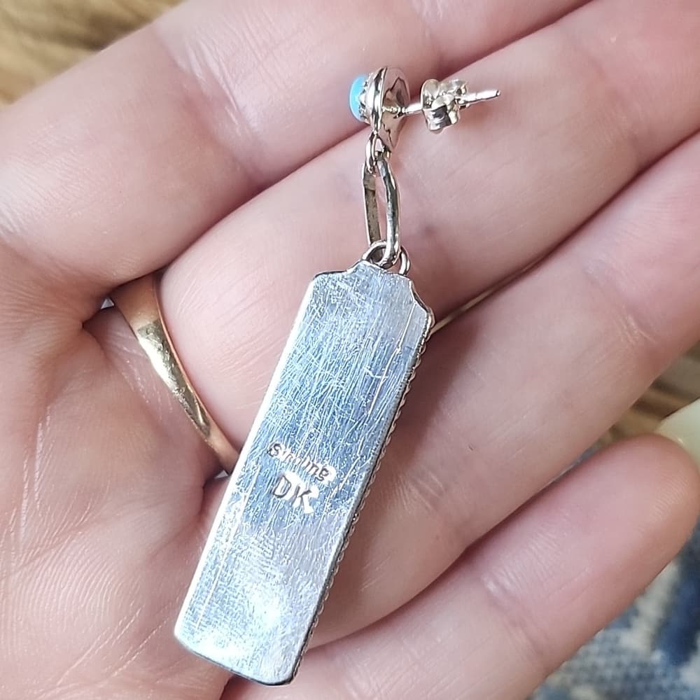 Zuni Handmade Sterling Silver Kingman Turquoise Rectangle Drop Earrings - Thumbnail 4