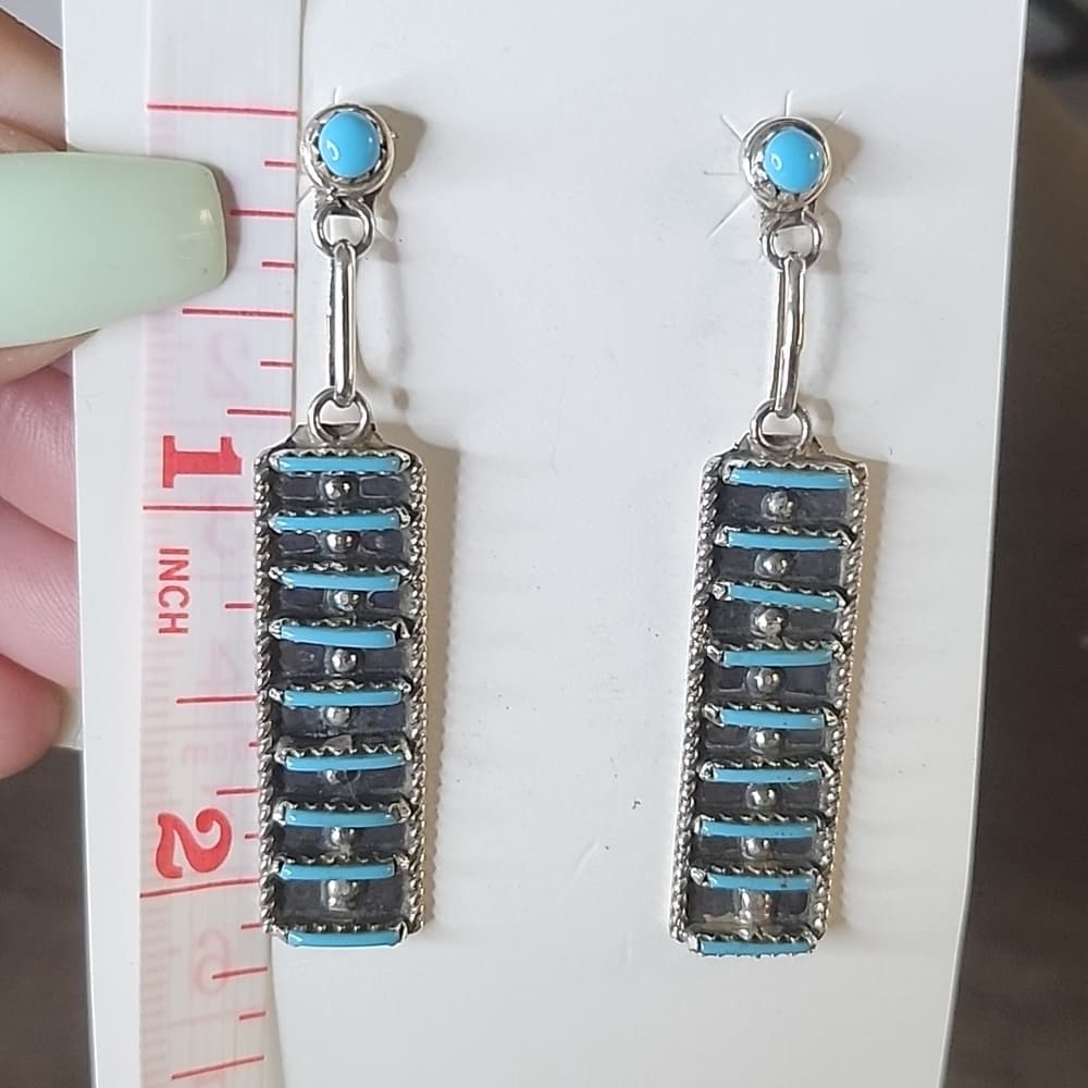 Zuni Handmade Sterling Silver Kingman Turquoise Rectangle Drop Earrings - Thumbnail 6