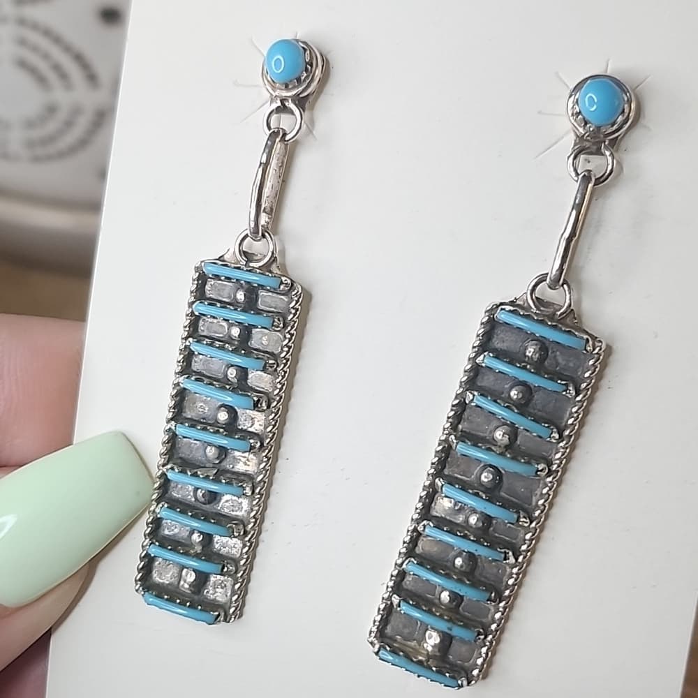 Zuni Handmade Sterling Silver Kingman Turquoise Rectangle Drop Earrings - Thumbnail 2